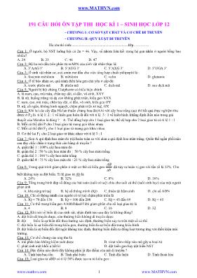 191 câu hỏi ôn tập thi học kì 1 sinh học lớp 12
